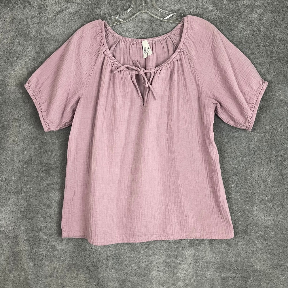 Pact Double Gauze Tie-Neck Blouse Womens XS Pink Organic Cotton Cottagecore